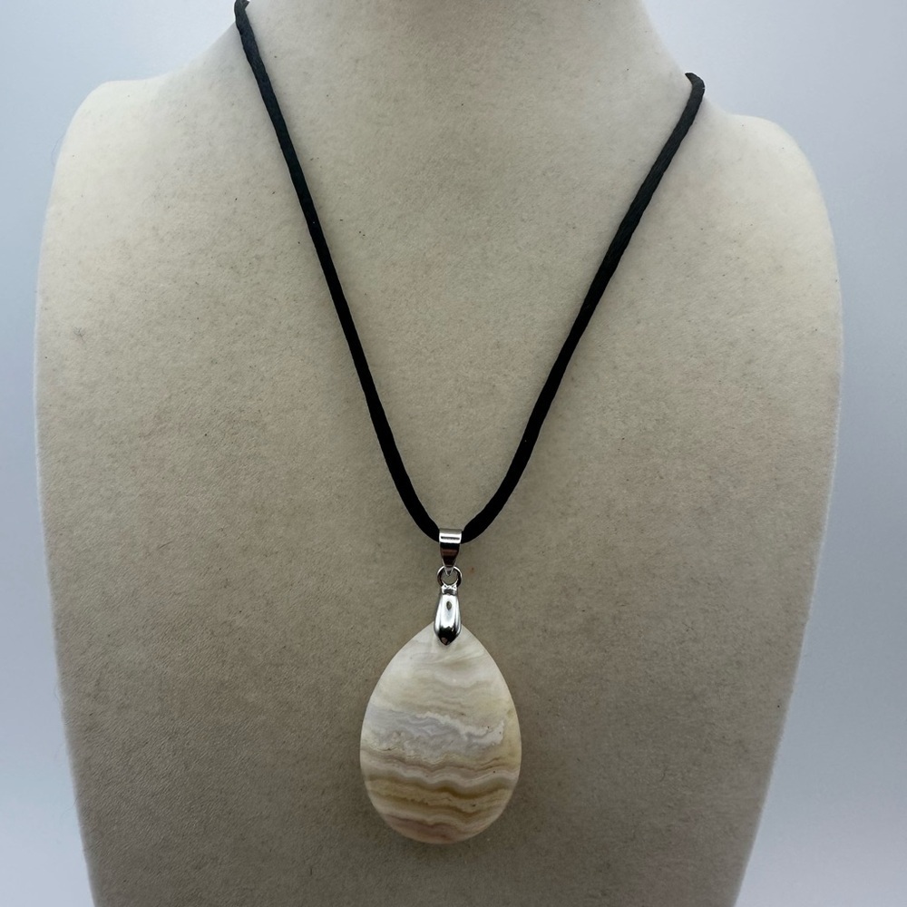 Banded Agate Teardrop Pendant Necklace on Black Satin Cord - Picture 6 of 7